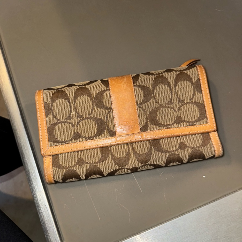 Coach Brown Signature Canvas Continental Wallet with Tan Trim